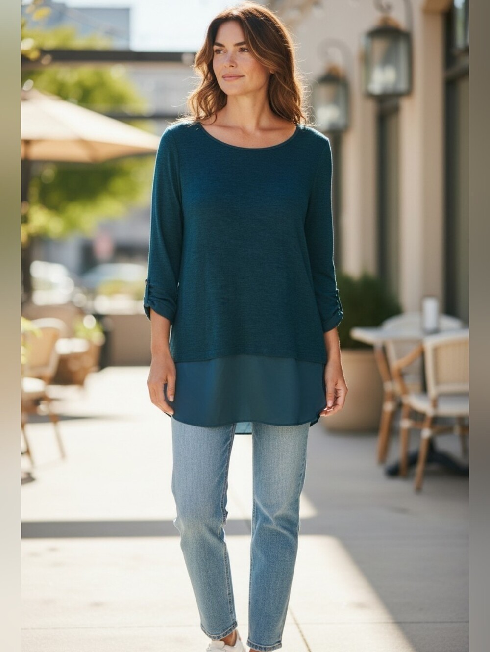 LIMITED Women’s Teal Layered Appearance Tunic Top  Casual Boho 3/4 Sleeve Blouse